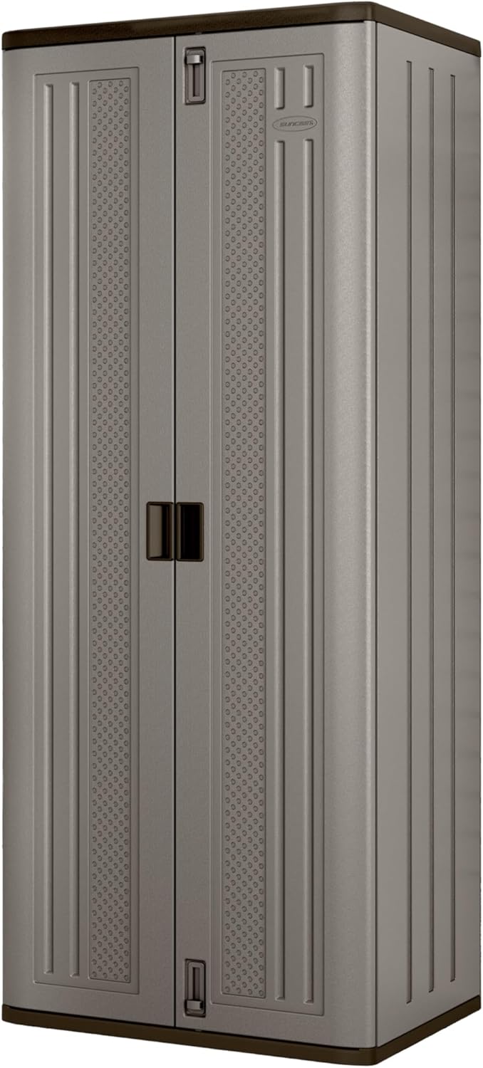 Suncast Tall Storage Cabinet, Platinum Resin Outdoor & Garage Storage Cabinet with Doors & Shelves, Plastic, Weather-Resistant, Lockable, Freestanding Utility Closet for Tools & Supplies, Made in USA