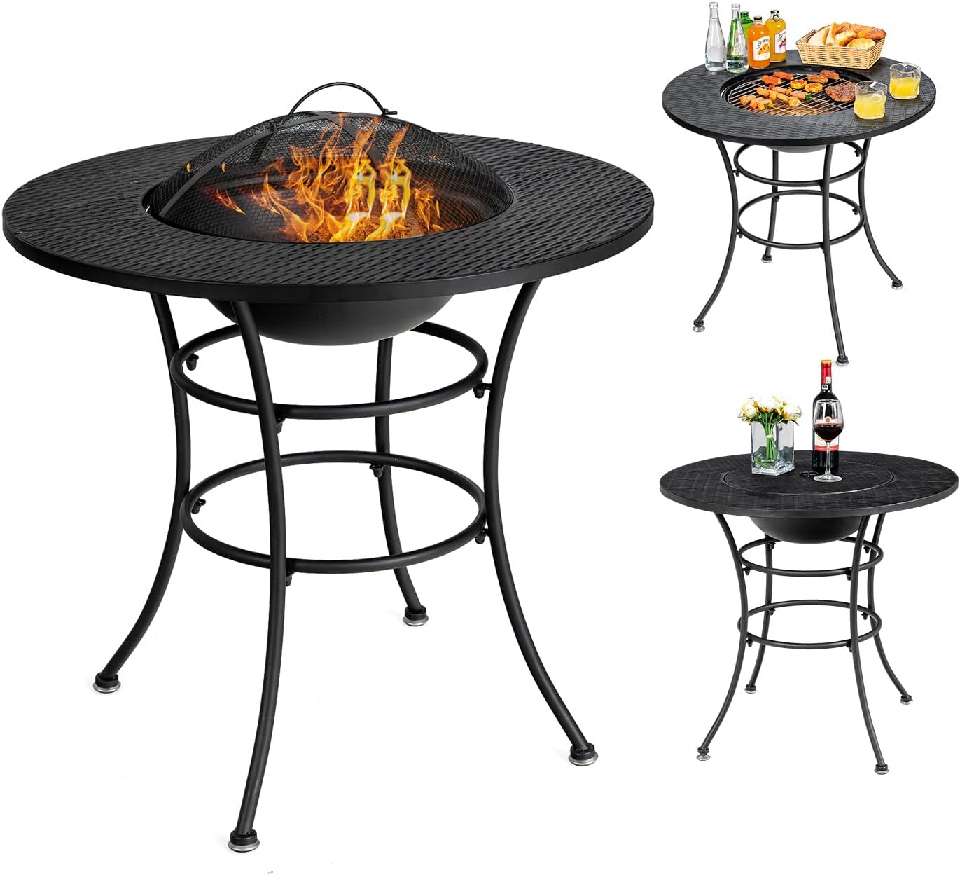 Giantex 4-In-1 Fire Pit Dining Table, 32" Fire Bowl for Outside, Wood Burning Fireplaces with Cover, Fire Poker, Grill Grate, Patio Dining Table for Camping, Picnic, Yard, Metal Round Outdoor Fire Pit