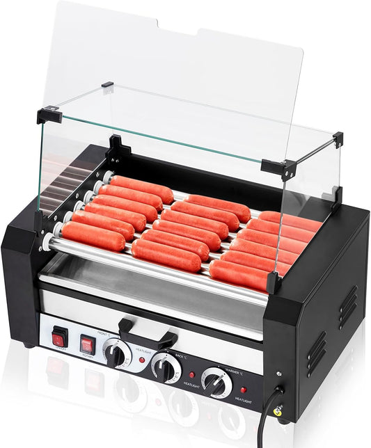 Electric Hot Dog Roller, 7 Rollers Hot Dog Machine, 18 Hot Dogs Capacity, Grill Warmer With Independent Temperature Control, Detachable Glass Hood Cover & Oil Drip Tray, 5-8 Min Quick Cooking