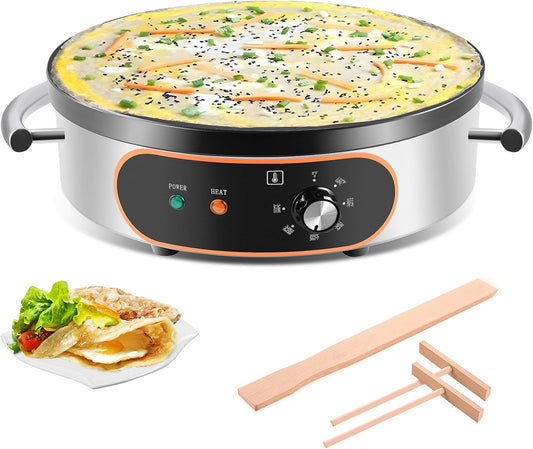 Commercial Crepe Maker, 16" Non-Stick 2000W Electric Crepe Machine Adjustable Temperature Control, Thickened Cast Iron Cooking Surface Pancakes Maker Griddle with Handle