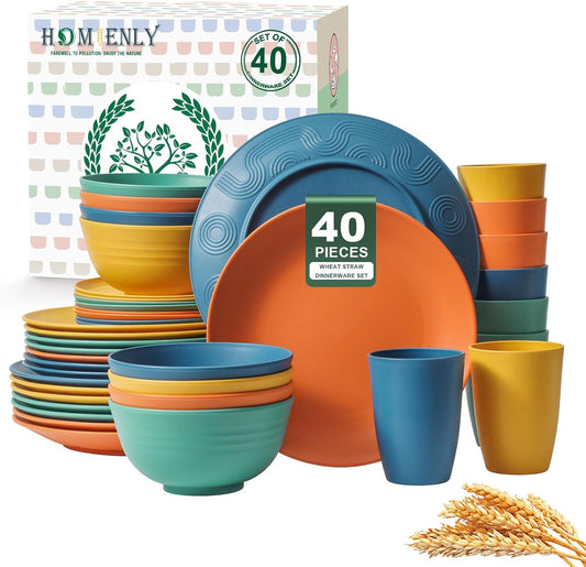 Homienly 40-Piece Premium Wheat Straw Dinnerware Sets, Service for 8, Unbreakable Plates and Bowls Set - Cups Sets, Dinner Plates, Bowls for Kitchen,Dishwasher and Microwave Safe Dishes Set - Multi