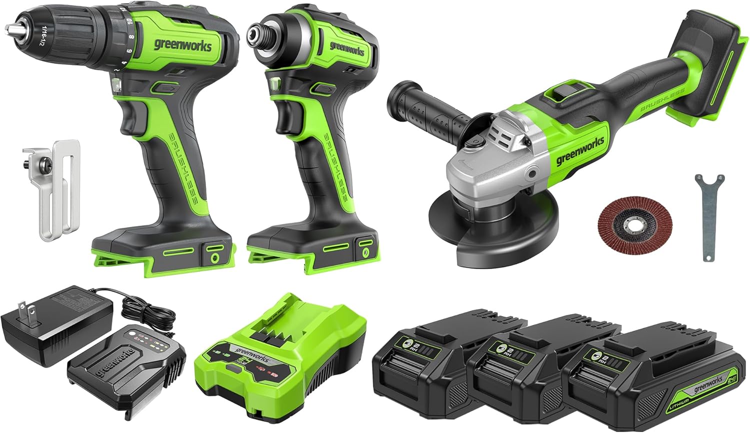 Greenworks 24V Brushless 3 pcs Cordless Power Tool Combo Kit, include Drill Driver, Angle Grinder, Impact Driver, 1 x 4Ah Batteries, 1 x 2Ah Batteries and 2 Chargers