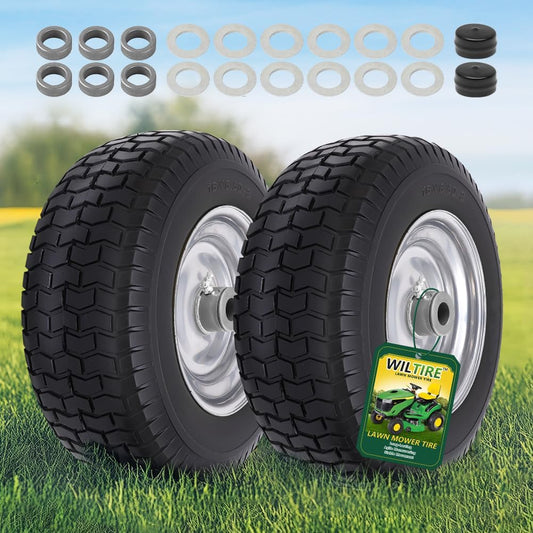 Wiltire 16x6.50-8 Tire and Wheel Assembly (2 Pack),Flat Free Lawn Mower Tires with Rim, Solid Rubber Riding Lawn Mower Tires and Wheels,3" Offset Hub,3\/4" Bushings,16x6.5-8 Tractor Turf Tire(Gray)