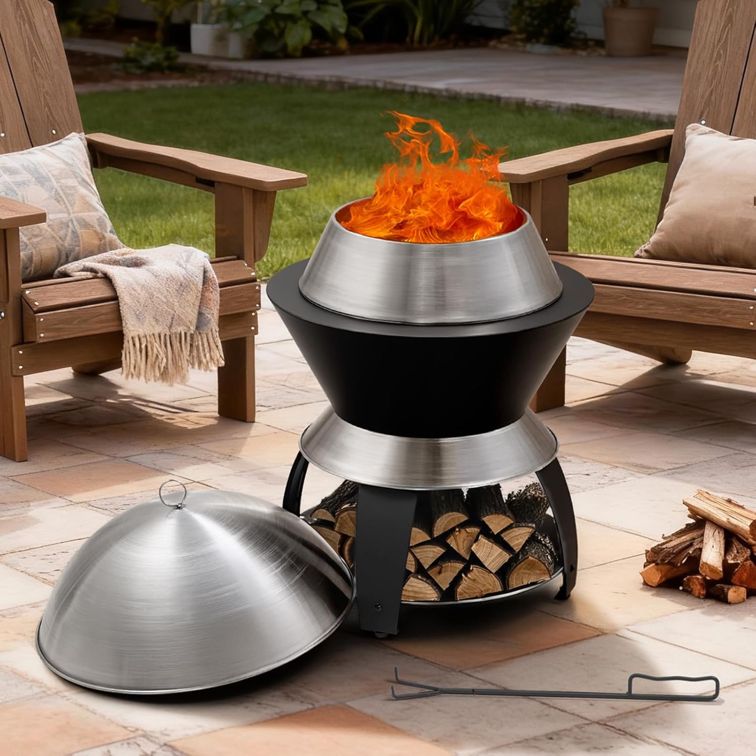 ONBRILL 20 Inch Smokeless Firepit, Outdoor Fire Pit with Waterproof Lid, Removable Ash Pan, Handbag, 2 in 1 Stainless Steel Potable Fire Pits for Outside Wood Burning, Bonfire, Camping, Picnic, Black