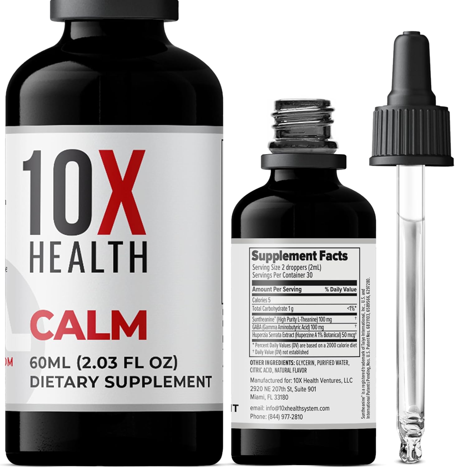 10X Health Calm L Theanine Supplement Liquid Drops - 100mg L'Theanine Drops & 100mg GABA Supplements to Support Nerves, Calm & Stress - Natural Flavor 2.03 Fl oz.