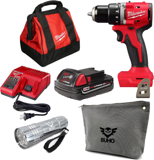 M18 18V Brushless Cordless 1/2 in. Compact Drill/Driver Bundle with (1) 2.0 Ah Battery, Charger, Milwaukee Tool Bag, Buho Zipper Pouch and Flashlight