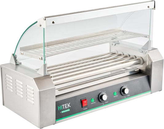 Restaurantware-Hi Tek Hot Dog Roller Grill, 5 Stainless Steel Rollers Hot Dog Grill - Fits 12, 700 Watt, Stainless Steel Commercial Roller, Tough Glass Cover, For Commercial Use