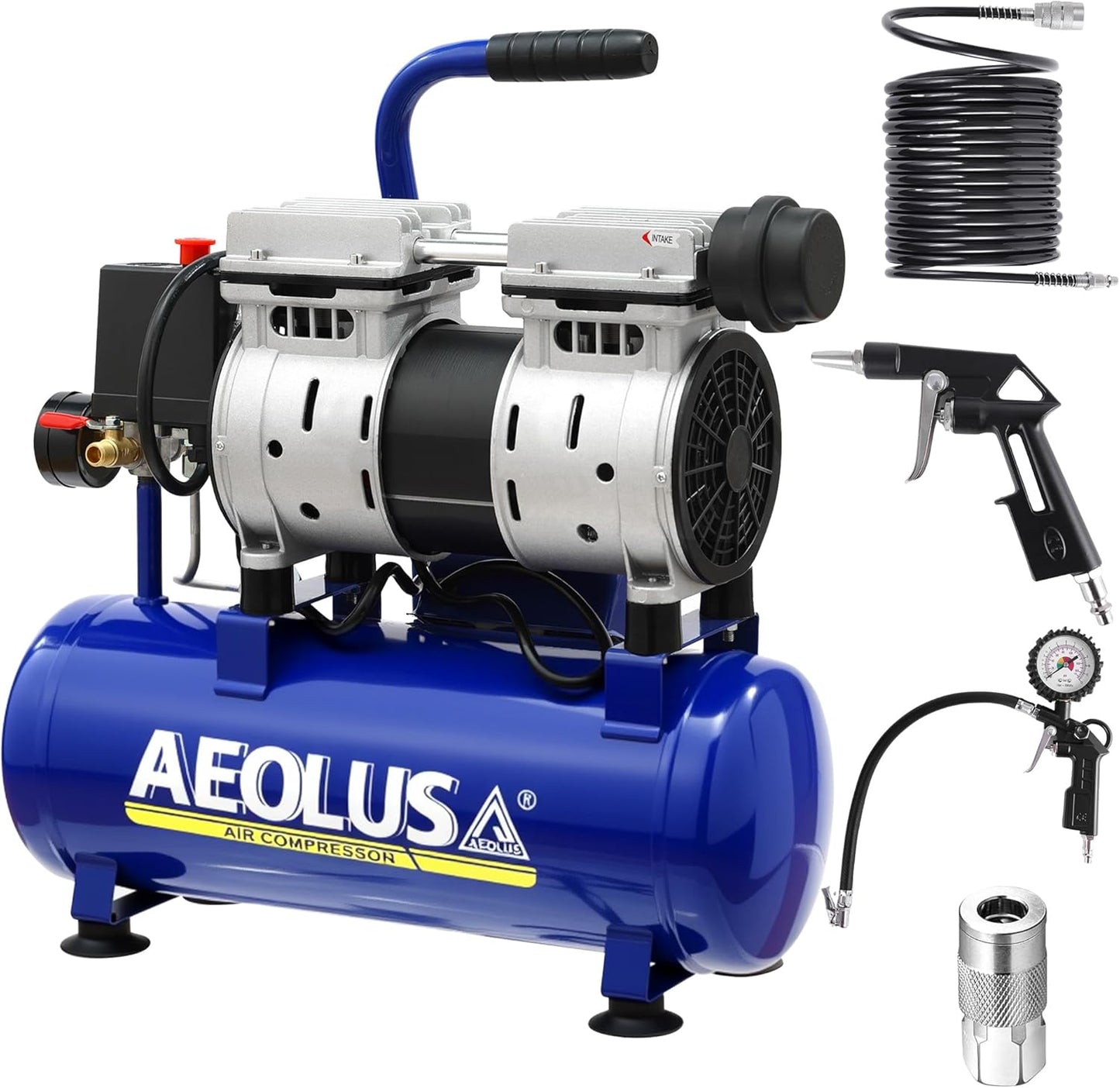 AEOLUS A Ultra Quiet Air Compressor, 65dB, Oil-Free, Quick Couplers,115PSI, Portable Electric for Car and Bike Tires, Nail Gun, and Pneumatic Tools, Garage, Shop (Accessories Kit)