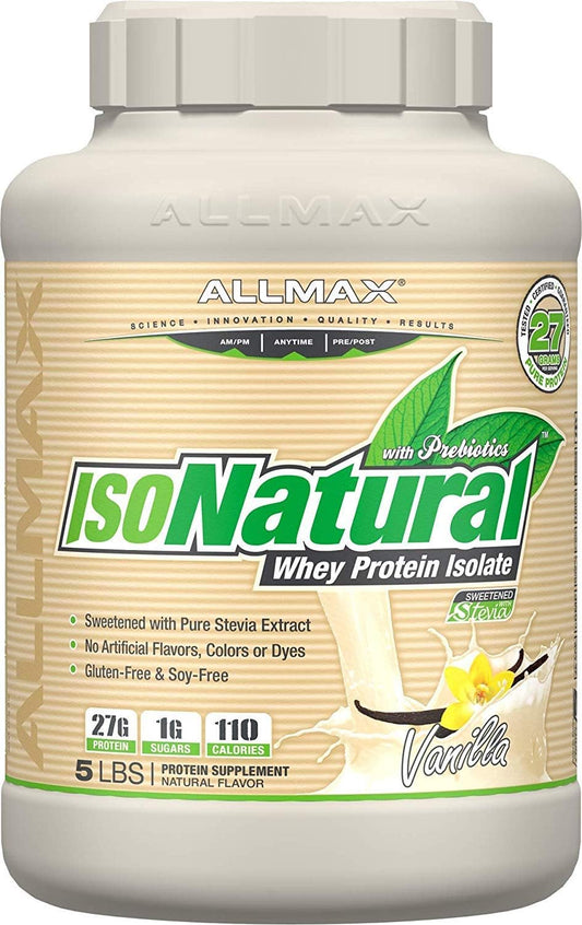 ALLMAX ISONATURAL Whey Protein Isolate, Vanilla - 5 lb - 27 Grams of Protein Per Scoop - Zero Fat & Sugar - 99% Lactose Free - With Prebiotics - No Artificial Flavors - Approx. 73 Servings