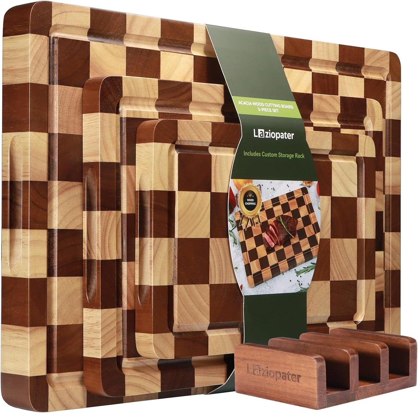 Checkerboard Cutting Board, Acacia Wood Cutting Board, Solid Wooden Chopping Board Set of 3 for Kitchen with Holder with Deep Juice Grooves & Built-in Handles, for Meat, Vegetables and Fruits