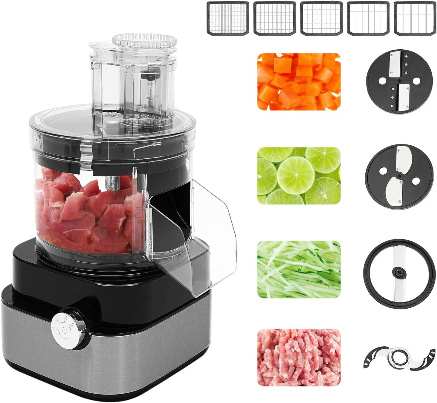 4.5 Quart Commercial Food Processor 600W Electric Vegetable Dicer Slicer Shredder Chopper 5-in-1 Professional Veggie Grater Multifunctional Meat Grinder Blender with 5 Grid Blades & 4 Blade Discs