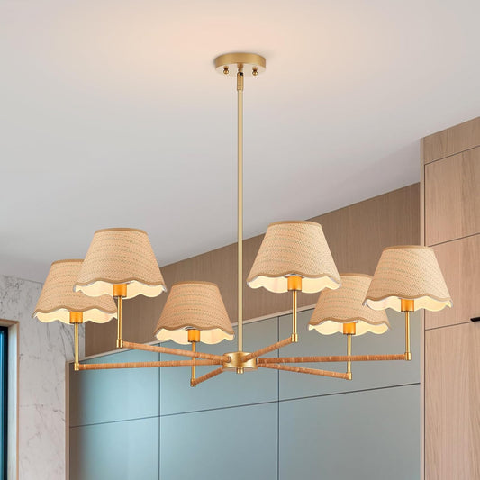 ELYCCUPA 39\u201D Boho Rattan Chandelier 6-Lights Rustic Industrial Pendant Light Large Adjustable Pendant Lighting Fixtures for Kitchen Island Dining Living Room, UL Listed