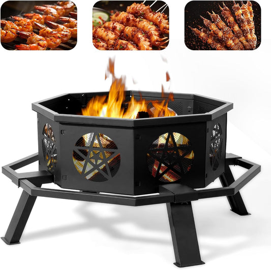 35 Inch Portable Fire Pit with Poker for Patio, Backyard, Garden, Detachable Fire Pits for Outside Wood Burning with Outer Ring, Outdoor Octagonal Metal Firepit for Camping, Heating, Bonfire