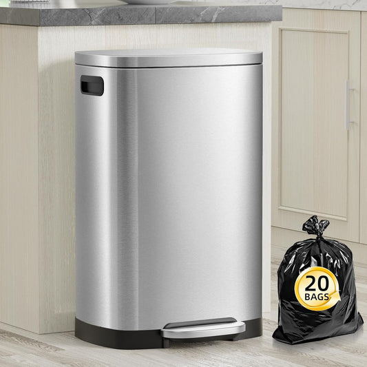 KdbK 13 Gallon Trash Can with Lid, 50L Fingerprint Proof Stainless Steel Kitchen Trash Can with Removable Inner Bucket and Lid Soft Close, Pedal Rubbish Bin for Home Office