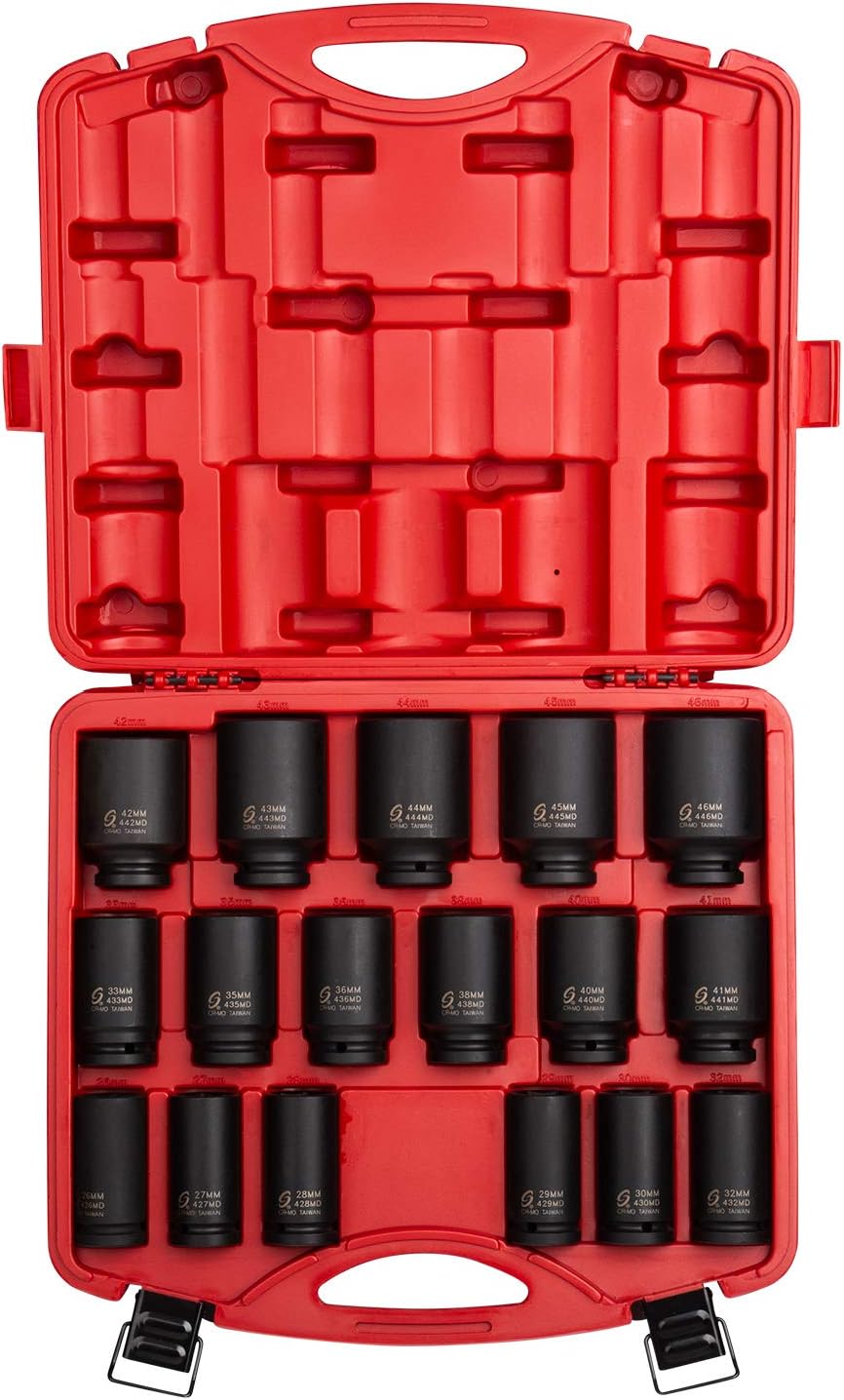 Sunex 4686, 3/4 Inch Drive Deep Impact Socket Set, 17-Piece, Metric, 26mm-44mm, Cr-Mo Alloy Steel, Radius Corner Design, Heavy Duty Storage Case