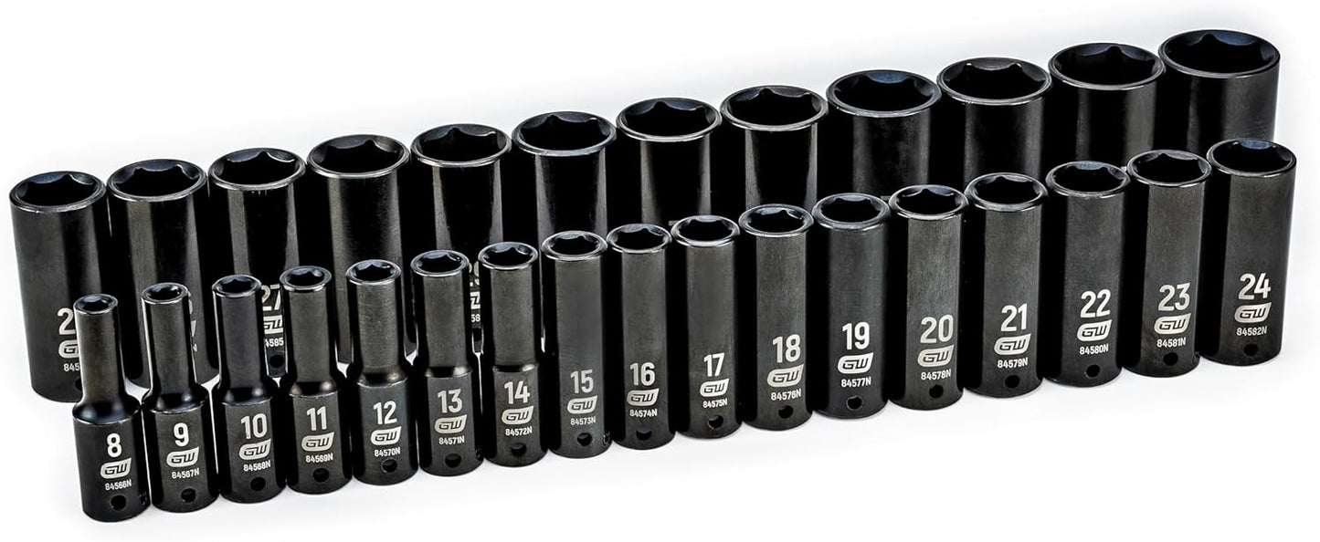 GEARWRENCH 29 Pc. 1/2" Drive 6 Pt. Impact Socket Set, Deep, Metric - 84935N
