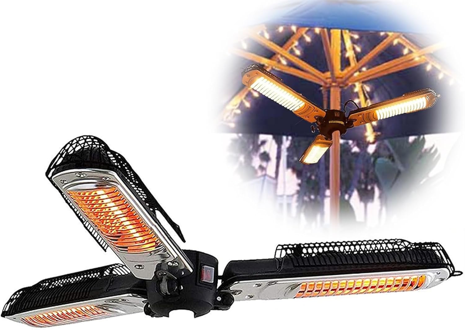 Electric Umbrella Heater, 1500W Folding Parasol Patio Heater/Height Adjustable/IP34 Protection Rating/3 Heat Settings/Suitable for Indoors and Outdoors