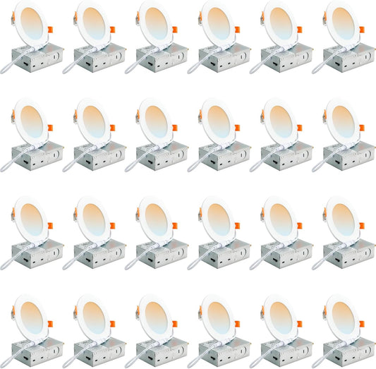 DLLT LED Recessed Ceiling Light: 24 Pack 4 Inch Recessed Lighting for Kitchen - 5CCT Dimmable Canless Wafer Downlight for Living Room - 900LM Brightness 9W LED Can Lights for Bedroom ETL FCC