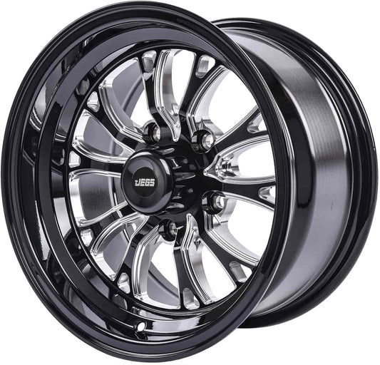 JEGS SSR Spike Wheel 15 x 8 | 5 x 5” Wheel Bolt Pattern Spacing | 0 mm Offset | 4.5” Backspacing | Gloss Black with Milled Spoke Accents | 3.27” Center Bore