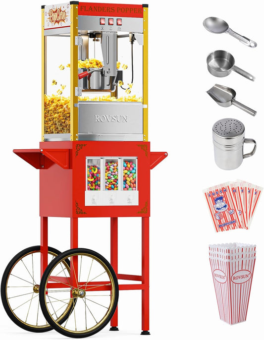 ROVSUN Popcorn Machine with Cart, Wheels & 10 Ounce Kettle Makes Up to 4 Gallons, Popcorn Maker w\/Candy Dispensers Scoop Oil Spoon & 3 Popcorn Cups Movie Theater Style for Commercial Home, ETL