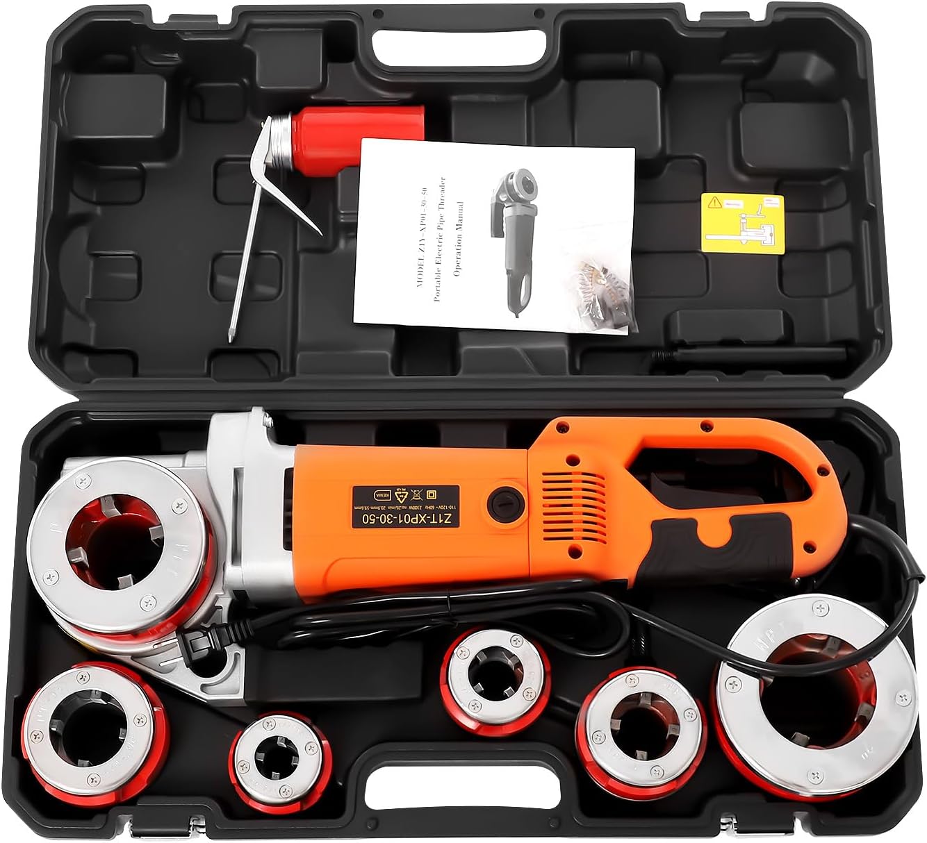 2300W Electric Pipe Threader Kit, Portable Pipe Cutter 6-Die Set (1/2" to 2") Heavy-Duty Hand-Held Power Drive Pipe Threader Machine Kit with Carrying Case for Steel/PVC/Conduit Piping, 26RPM