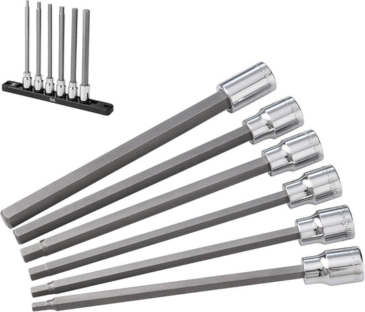 SK Tools USA 3/8" Drive Long Hex Bit Socket Set, 6-Piece, Metric 4MM - 10MM, SuperKrome Finish, S2 Alloy Steel Bits, with Storage Rail