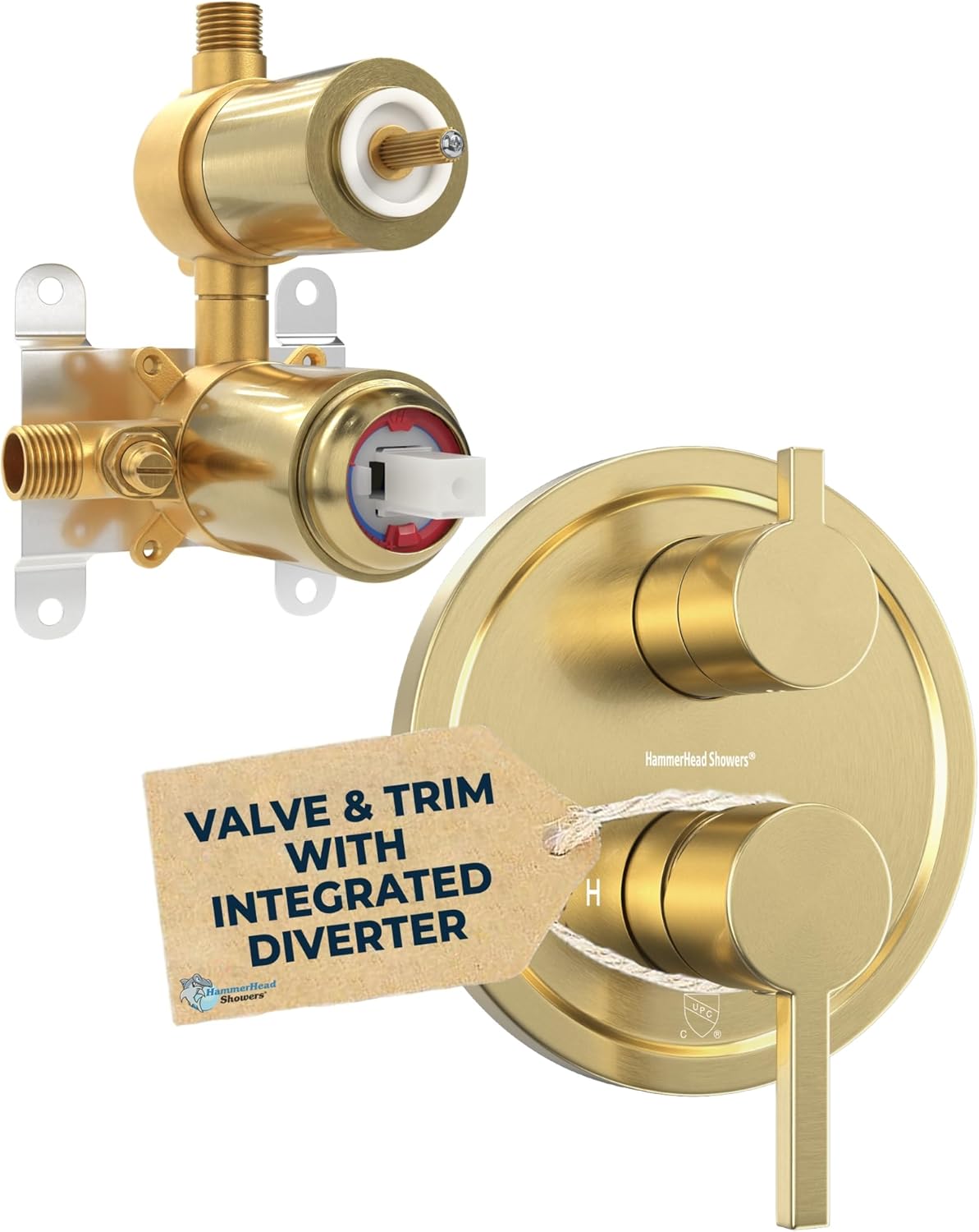 HammerHead Showers Solid Metal Two-Handle Shower Valve and Trim Kit, Volume and Temperature Control with Integrated Diverter, Pressure Balance Rough-In Valve Included, Brushed Gold