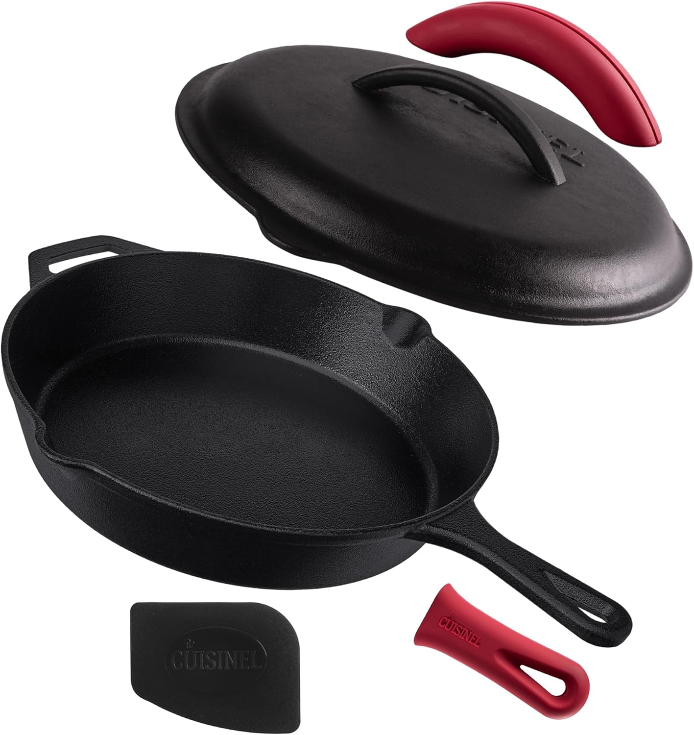Cuisinel Cast Iron Skillet with Lid - 12"-inch Pre-Seasoned Covered Frying Pan Set + Silicone Handle & Lid Holders + Scraper\/Cleaner - Indoor\/Outdoor, Oven, Stovetop, Camping Fire, Grill Safe Cookware