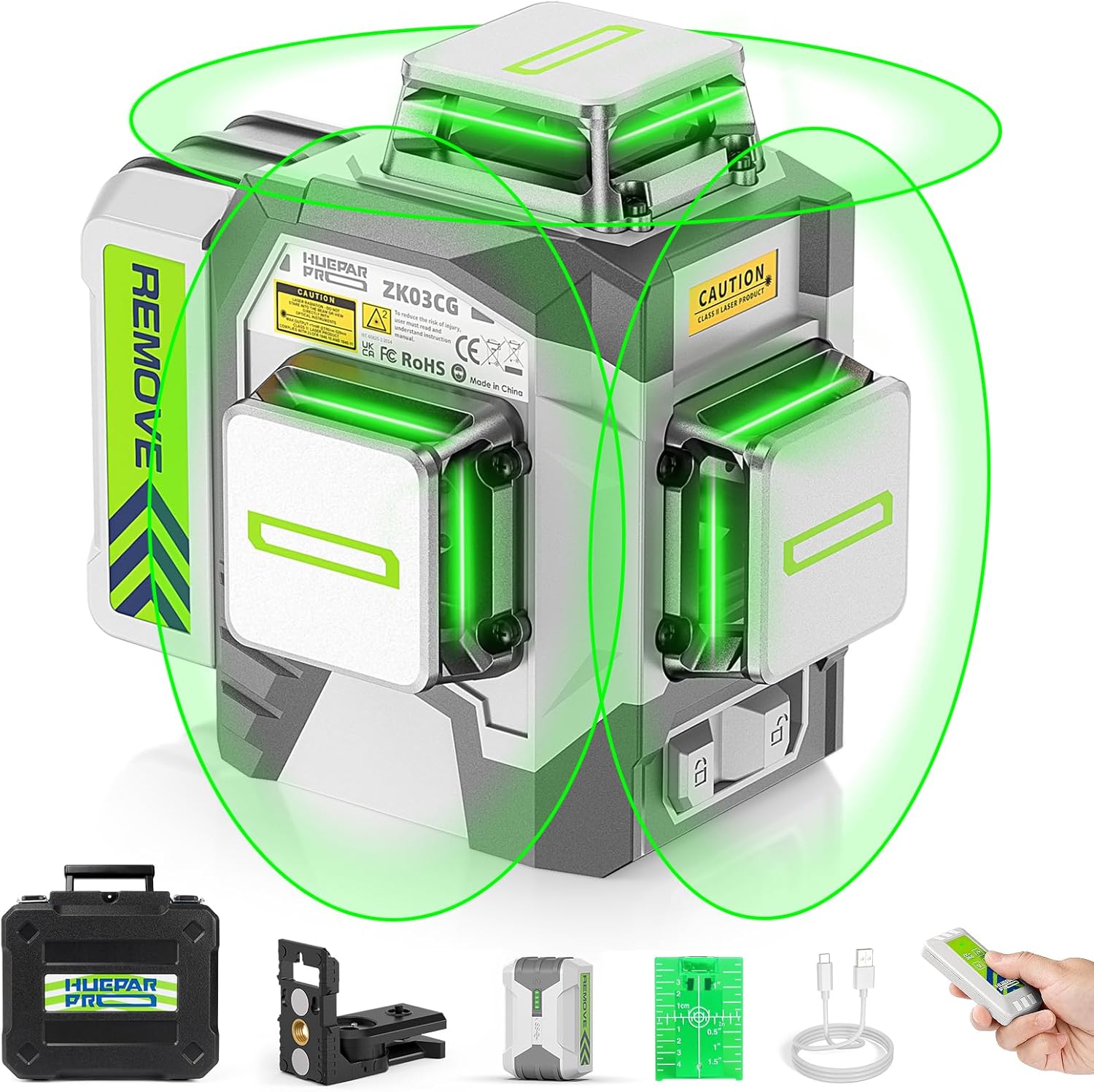 Laser Level 360 Self Leveling, Huepar Pro 3x360°High Accuracy Green Cross Line Laser for Construction and Picture Hanging, 12 Lines Level Laser Tool with 8000mAh Rechargeable Battery & Remote Control