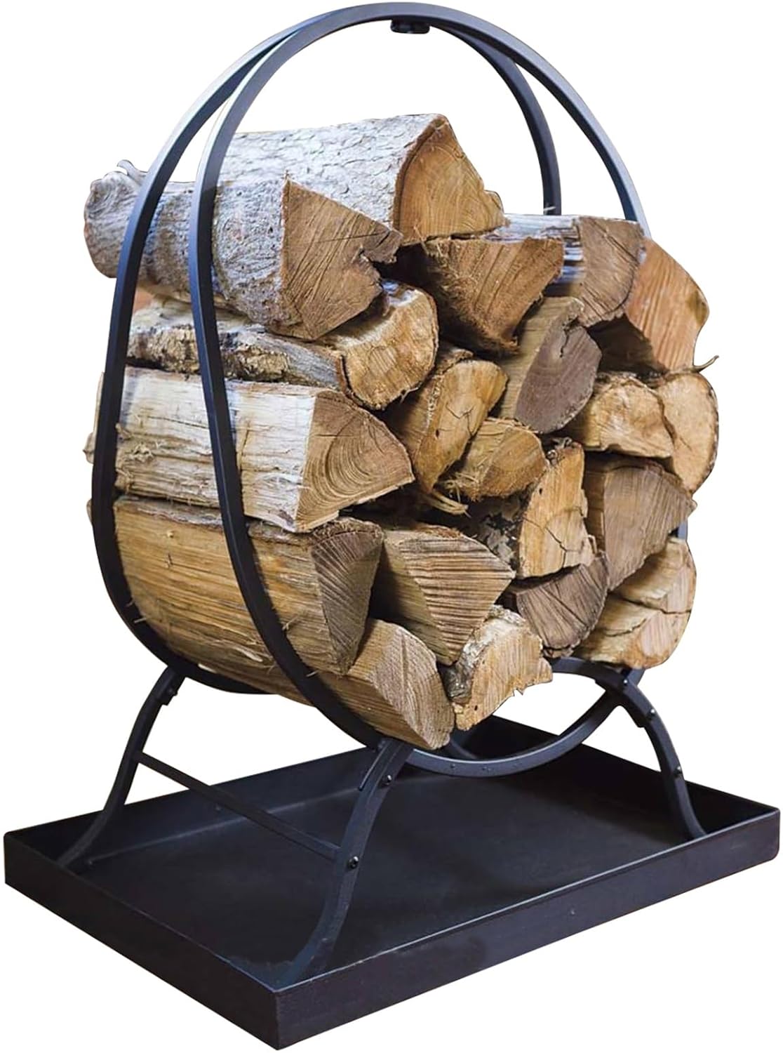32" Ring Shaped Firewood Rack Metal Log Holder Outdoor Fireplace Pit Patio Deck Porch Lumber Stacker with Log Carrier,