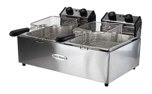 EF-06L-2 Electric Countertop Fryer, Twin Tank 6L Oil Capacity Per Basin, Dual Basket, Adjustable Temp 140–375°F, Stainless Steel Construction, Compact Commercial Deep Fryer