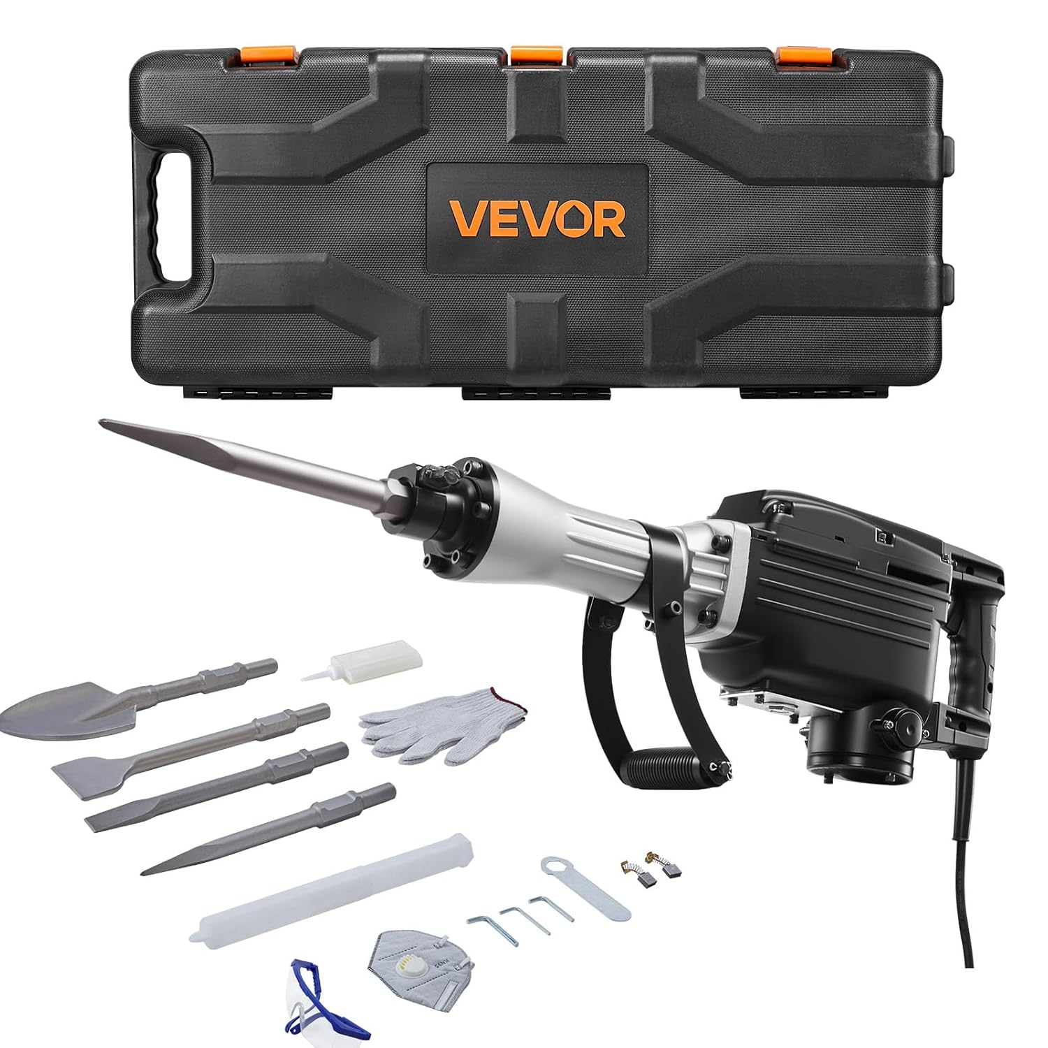 VEVOR Demolition Jack Hammer, 2800 W Powerful Electric Jackhammer, 1200 BPM Concrete Breaker with 3 Chisels, a Clay Spade, Carrying Case, Gloves, for Concrete, Wall, Brick, Tile and Foundation