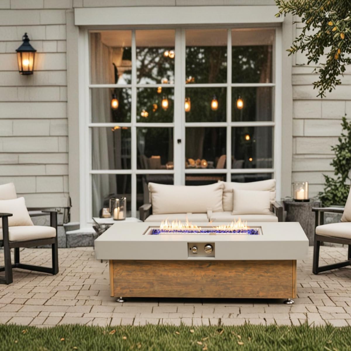 48-inch Wood Grain Fire Pit Table, Black Iron Outdoor Propane Fire Table with Waterproof Cover, Rectangular Patio Heater for Backyard, Deck, Garden