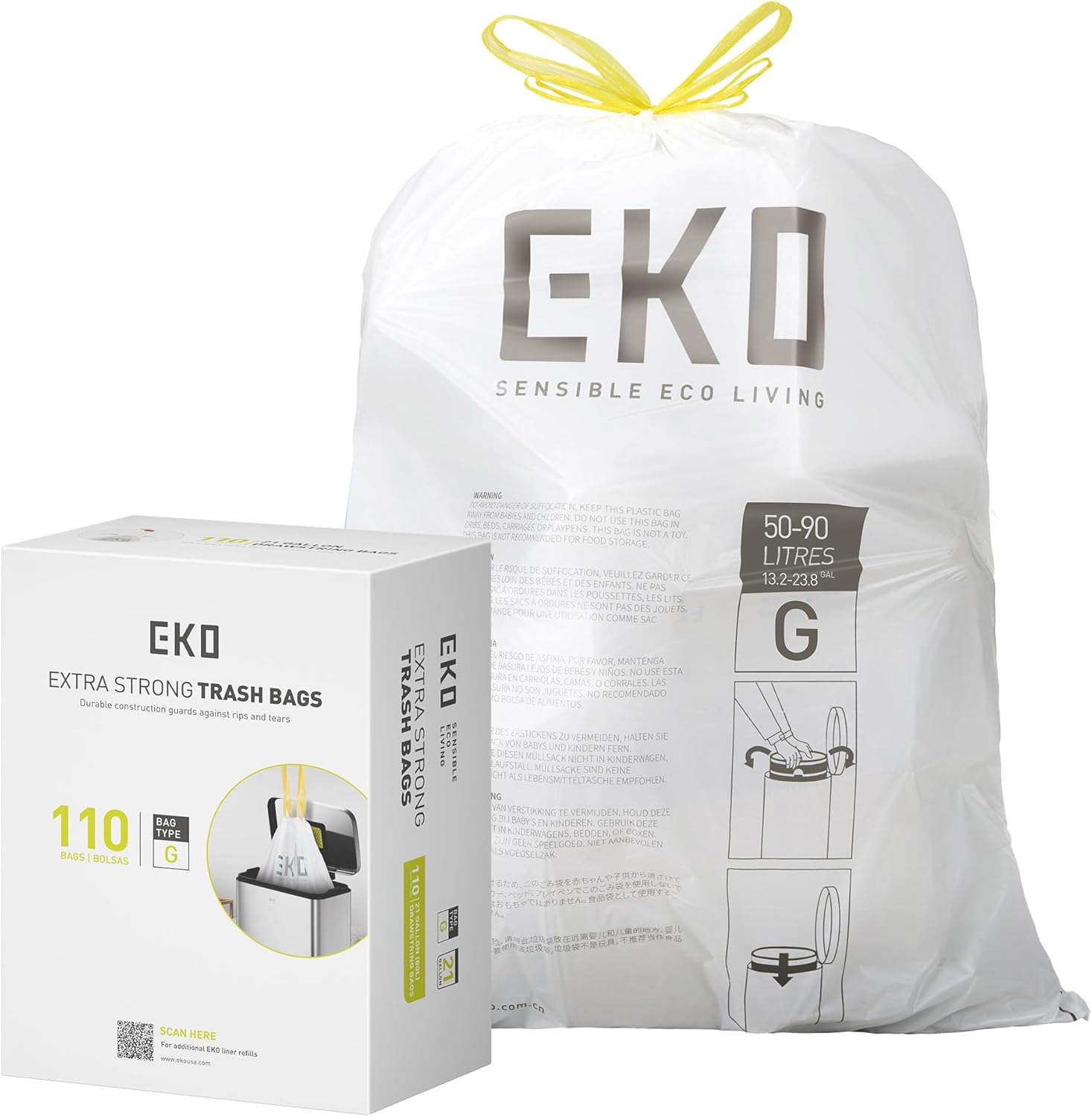 EKO 21 Gallon \/ 50-90 Liter,110 CountDrawstring Trash Bags, Extra-Strong Unscented Garbage Bags, Easy-Dispense Roll for Kitchen & Household Use, Resists Tears, Leaks and Punctures, Code G, White