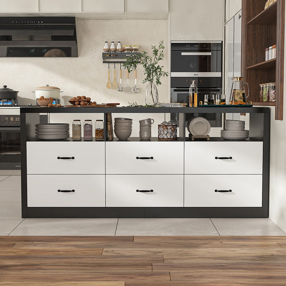 Homsee Modern Black and White Marble Top Kitchen Island with 6 Drawers and Cabinets 78.7 Inch MDF Storage Unit with Thick Panels and Open Shelves
