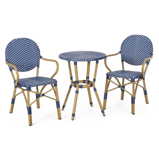 Best Selling Home Decor Groveport 3 -Piece Blue Rattan Bistro Patio Dining Set Aluminum Round Table with 2 Stationary Chairs