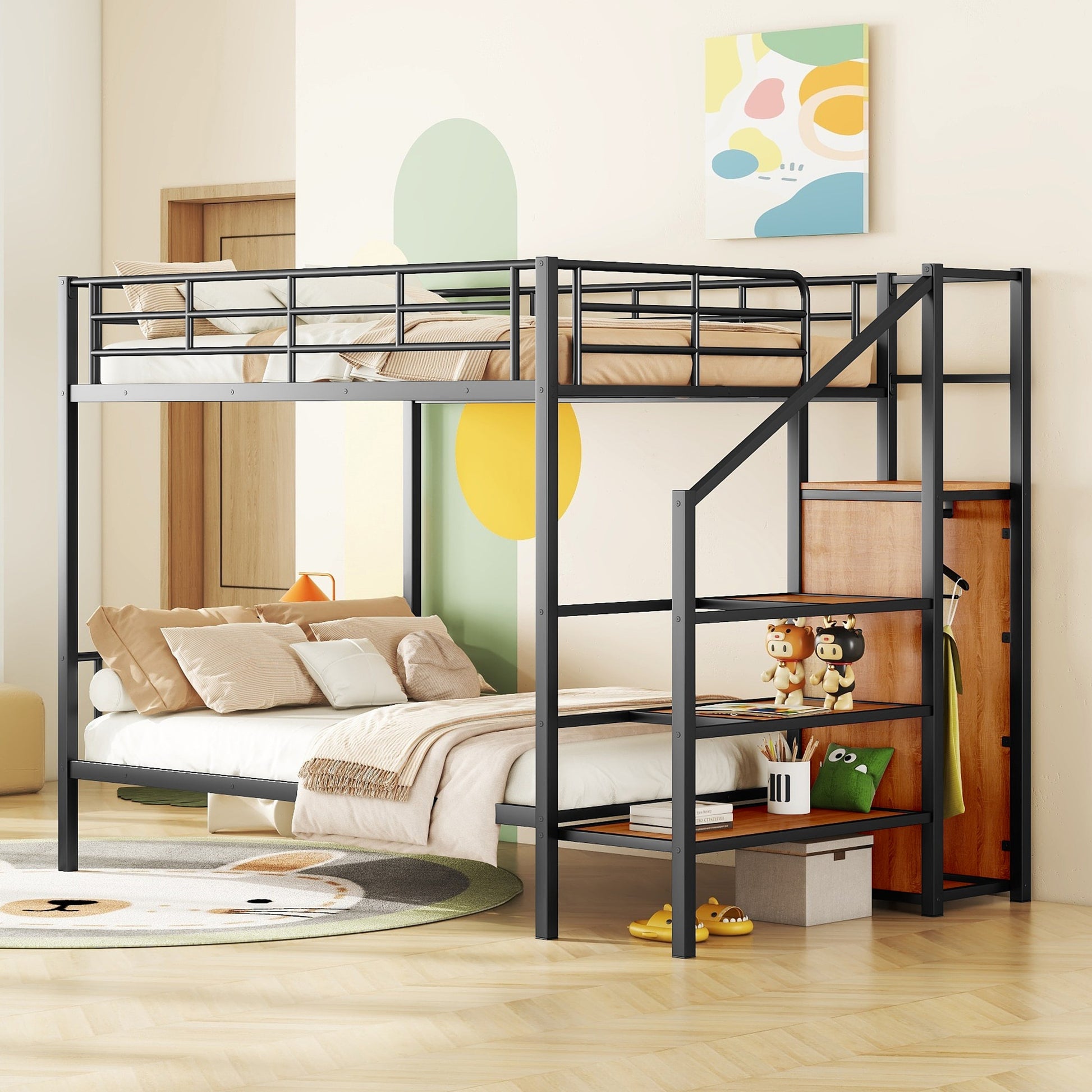 ModernLuxe Full Over Full Metal Bunk Bed with Lateral Storage Ladder and Wardrobe Black