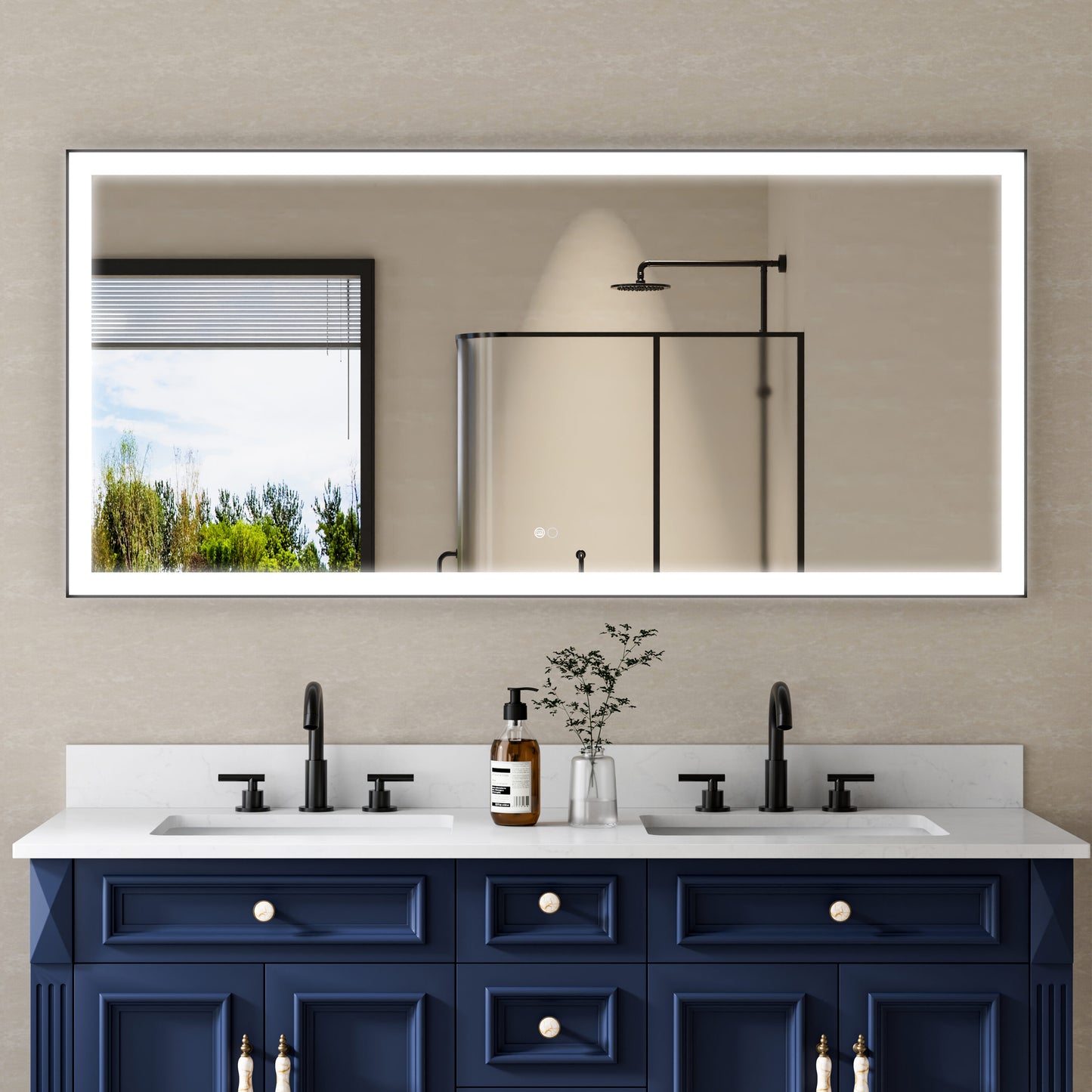 WELLFOR RECA Framed LED Mirror 60-in x 28-in Framed Rectangle Dimmable LED Lighted Fog Free Bathroom Vanity Mirror ( Matte Black )