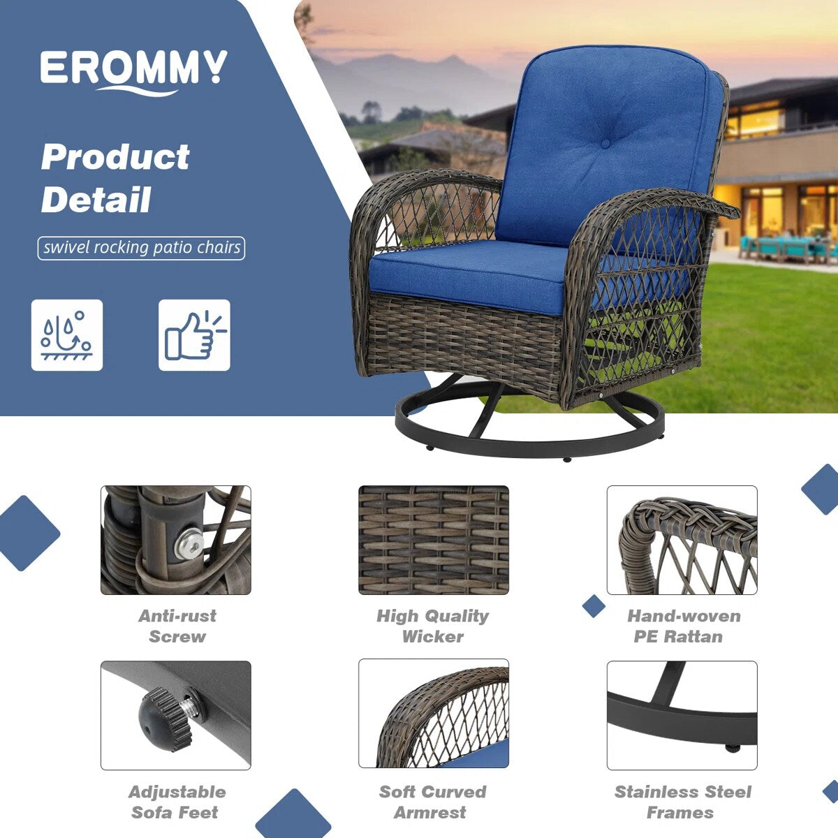 EROMMY Table and Chair set Set of 2 Wicker Brown Wicker Frame Swivel Conversation Chair with Blue Cushioned Seat