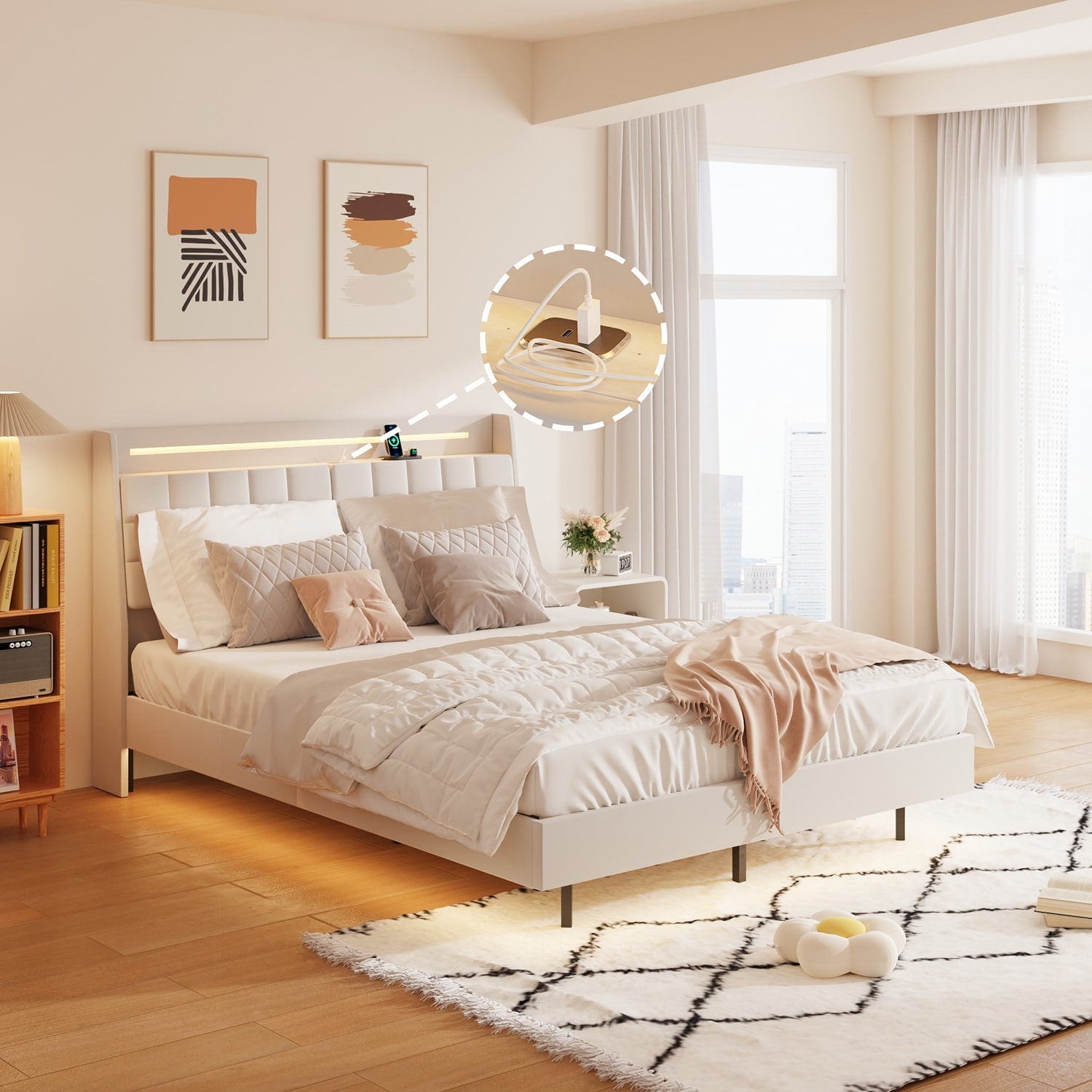 GZMR Full Beige Storage Bed Frame with Headboard