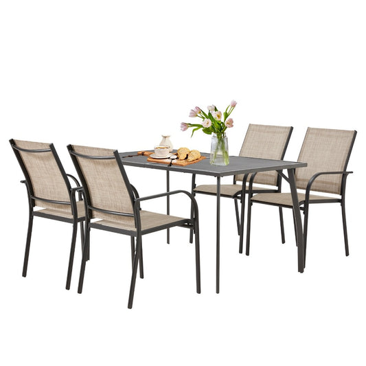 AECOJOY 5 -Piece Black Patio Dining Set Steel Rectangle Table with 4 Black Stackable Stationary Chairs