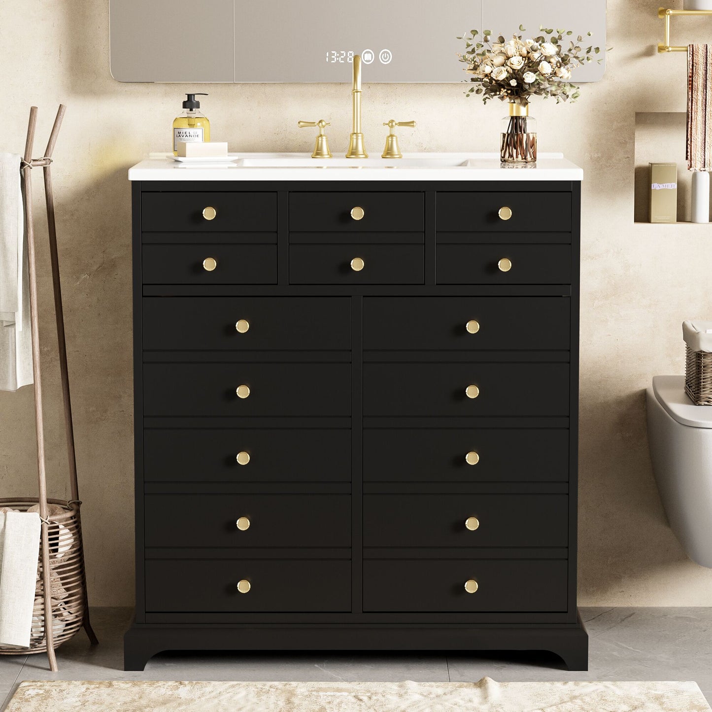 ModernLuxe  30inch Bathroom Vanity with Ceramic Sink Combo Solid Wood Frame Bathroom Storage Cabinet Freestanding Vanity Set with 2 Drawers Soft Closing Doors Black