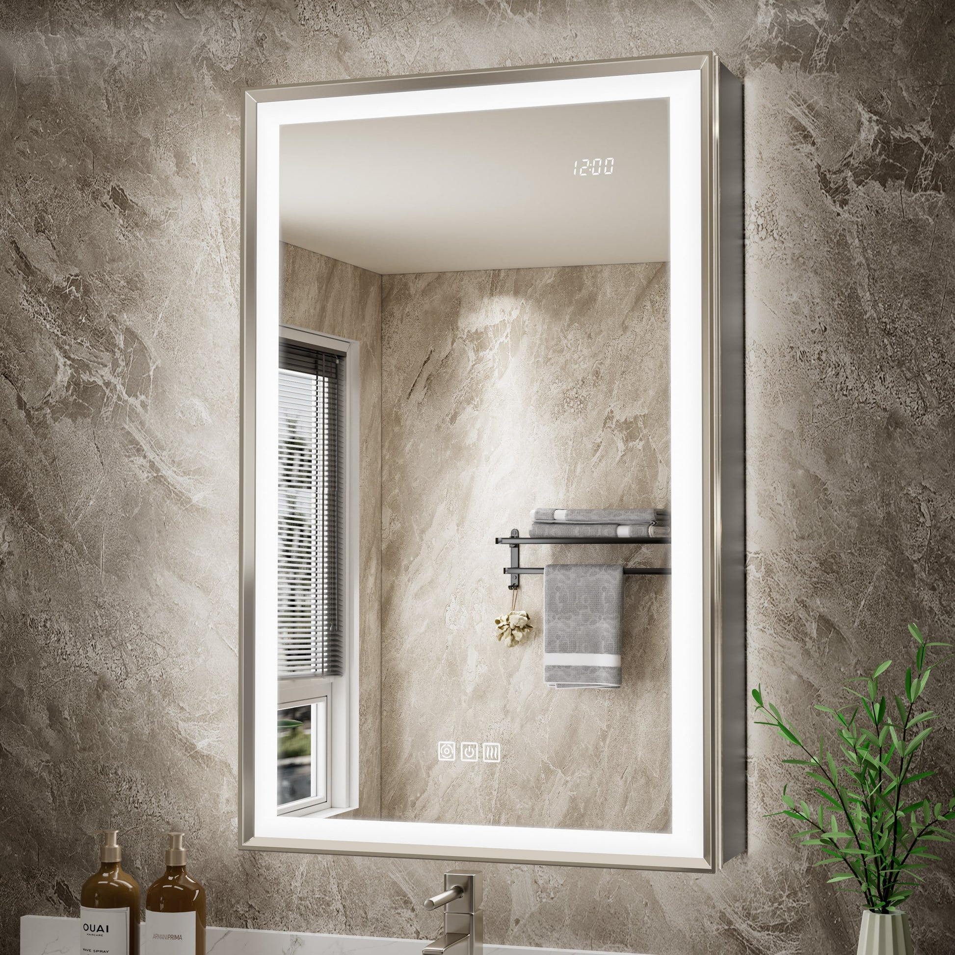 QueenFun Nova 20.01-in x 32-in Lighted LED Fog Free Surface/Recessed Mount Brushed Nickel Mirrored Rectangle Soft Close Medicine Cabinet