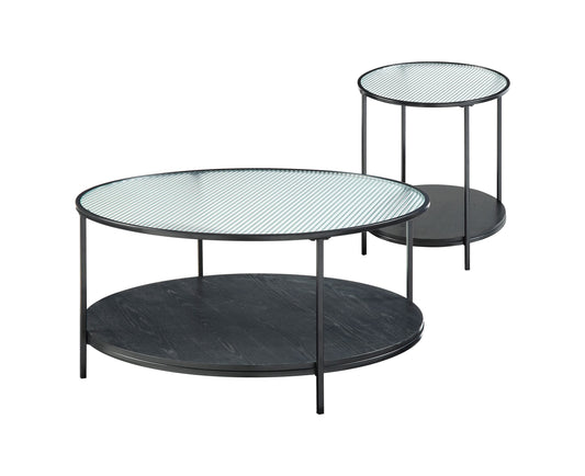 Vynxaria  Series 20 in. Black Round Glass End Table with Fluted Glass Top and Metal Frame