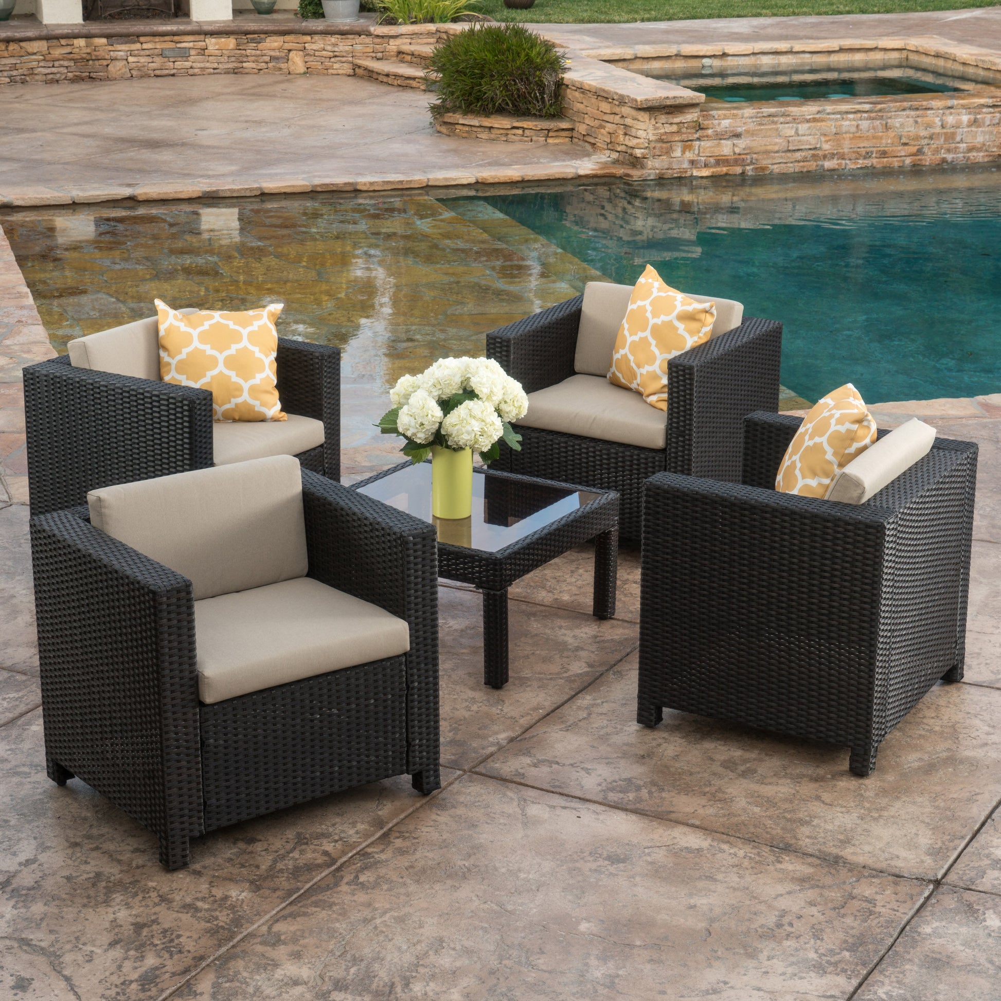 Christopher Knight Home Puerta Outdoor Club Chairs with Water Resistant Cushions  Set of 4-Dark Brown + Beige