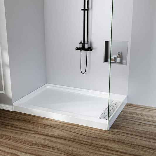 Qeetex Shower Base Non-Slip SMC Shower Pan with Right Drain 304 Stainless Steel Square Drain Cover Bathroom Shower Tray Kit Single Threshold Floor for Easy Installation