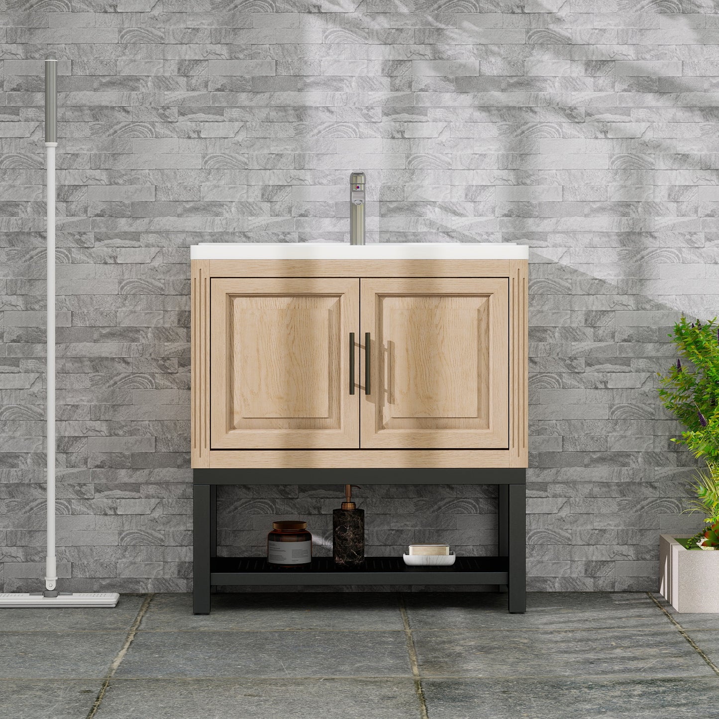 Tatayosi 32 inch Bathroom Vanity with White Ceramic Sink Hot and Cold Faucet Freestanding Bathroom Cabinet with 2 Storage Doors and Open iron Shelf for Bathroom