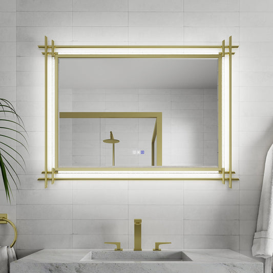 AAZJ V13 Frame LED Mirror 48-in x 36-in Framed Rectangle Dimmable LED Lighted Fog Free Bathroom Vanity Mirror ( Powder-coated gold )