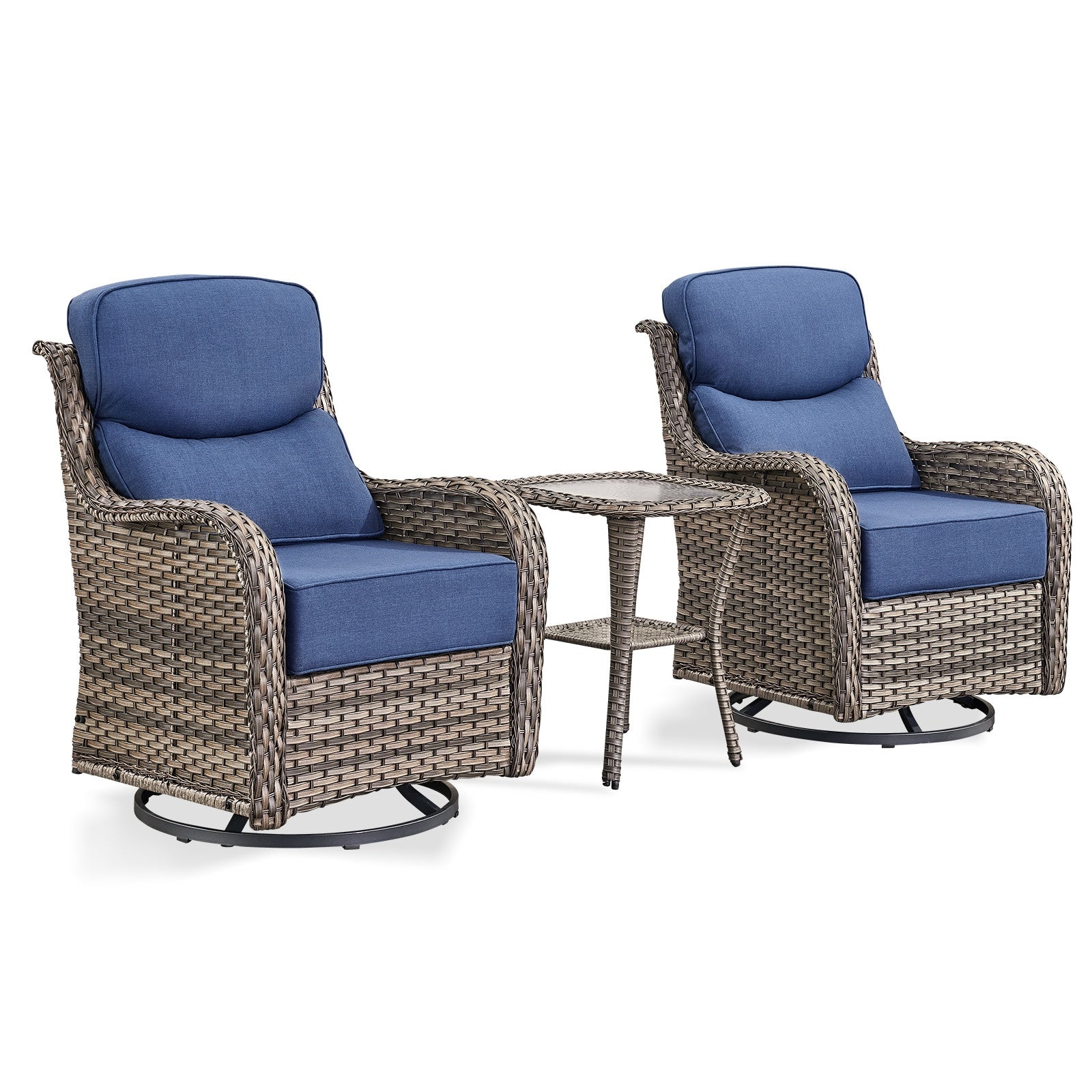 Rilyson Set of 2 Wicker Light Gray Stainless steel Frame Swivel glider Conversation Chair with Blue Cushioned Seat