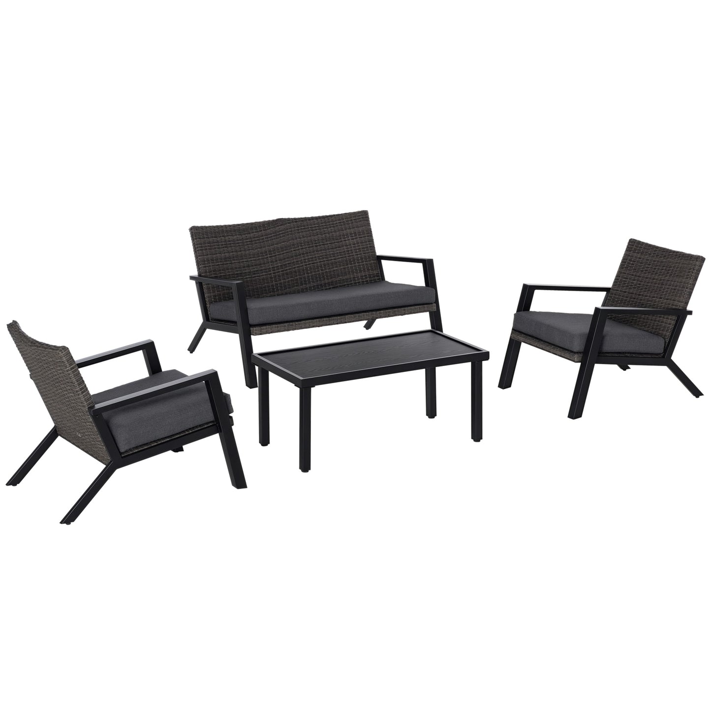 Outsunny  4 Piece Patio Furniture Set 2 PE Wicker Chairs Loveseat Sofa Outdoor Coffee Table Soft Cushions Couch  Armchairs Black